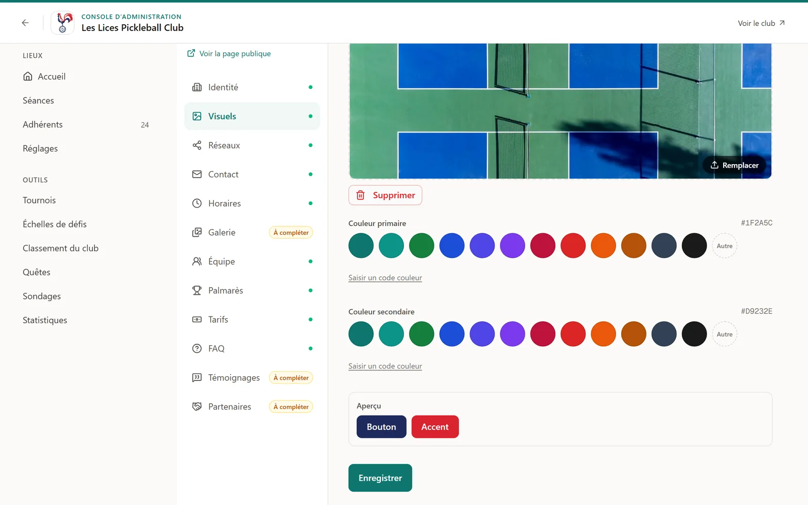 Console du club, volet Visuels : bannière, couleur principale, couleur secondaire et aperçu des boutons