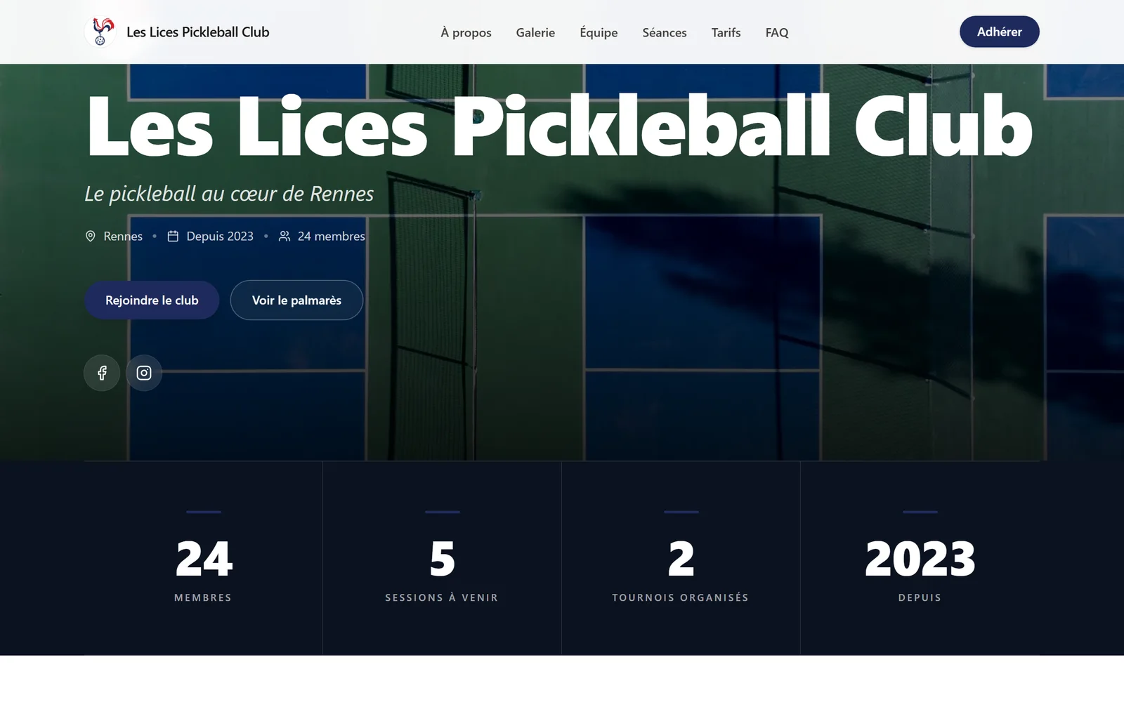 Page publique d'un club sur PickleDeck : bannière, logo, accroche, puis les chiffres du club