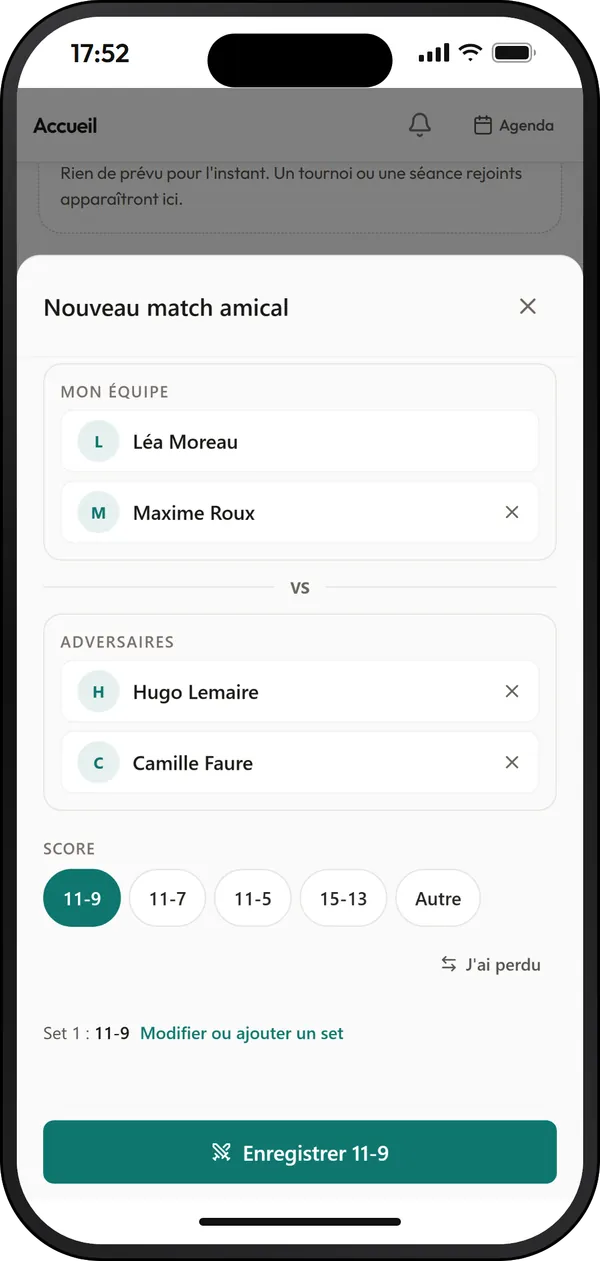 Feuille Nouveau match amical : Léa Moreau et Maxime Roux contre Hugo Lemaire et Camille Faure, score rapide 11-9 choisi et bouton Enregistrer 11-9
