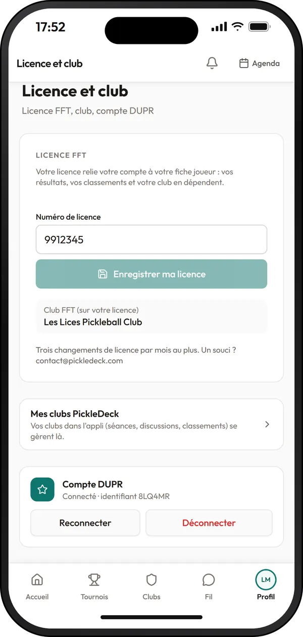 Réglages, Licence et club : numéro de licence FFT, club de la licence, et le compte DUPR connecté avec les boutons Reconnecter et Déconnecter
