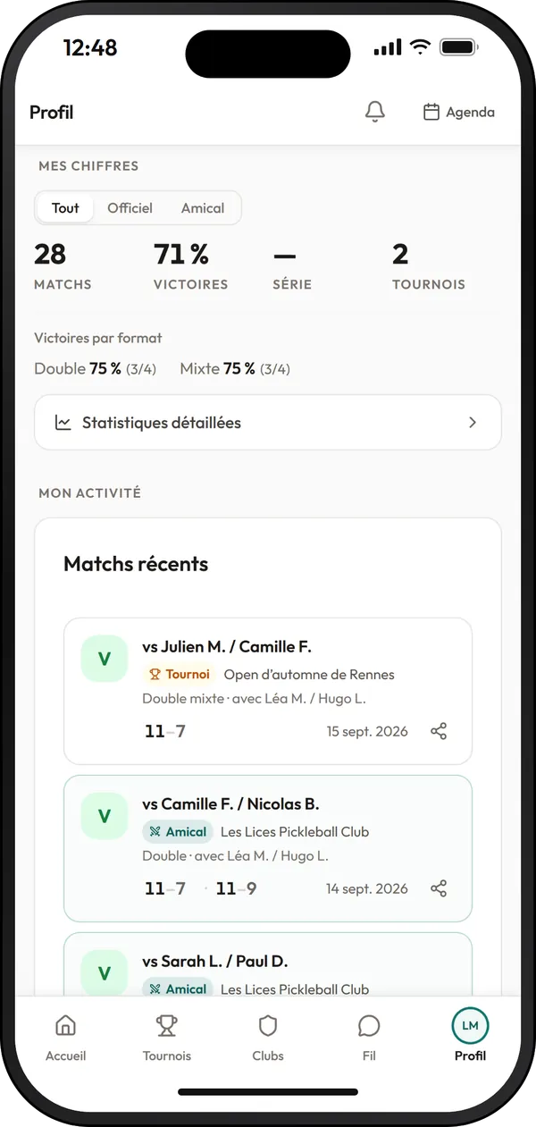 Profil de Léa Moreau, Mes chiffres : filtre Tout, Officiel, Amical, 28 matchs, 71 % de victoires, 2 tournois, victoires par format et matchs récents de tournoi et amicaux